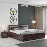 Zigzag Solid Sheesham Wood Bed With Box Storage (King Size, Walnut Finish)